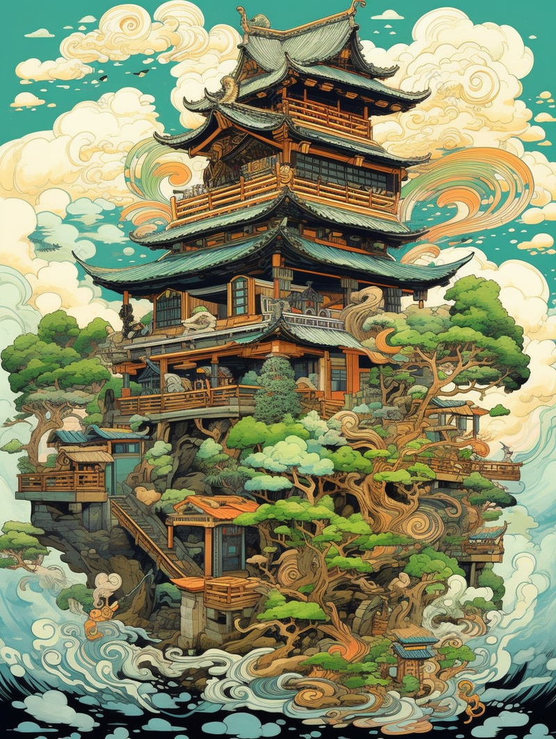 绿色树木围绕的古代中国风建筑古典插画背景,插画/手绘图,插画/手绘图库,插画/手绘图下载,插画/手绘